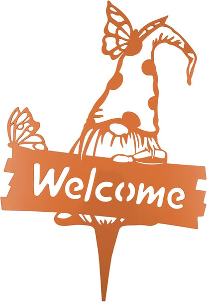 SteelFreak Gnome with Butterfly & Sign Metal Yard Stake Art (18 Inch, Orange) - Made in USA