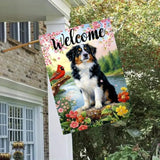 Large Spring Summer House Flags 28 x 40 Double Sided, Burlap Australian Shepherd Dog Flowers Spring Summer Flags for Outside, Seasonal Farmhouse Outdoor Yard Décor