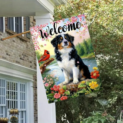 Large Spring Summer House Flags 28 x 40 Double Sided, Burlap Australian Shepherd Dog Flowers Spring Summer Flags for Outside, Seasonal Farmhouse Outdoor Yard Décor