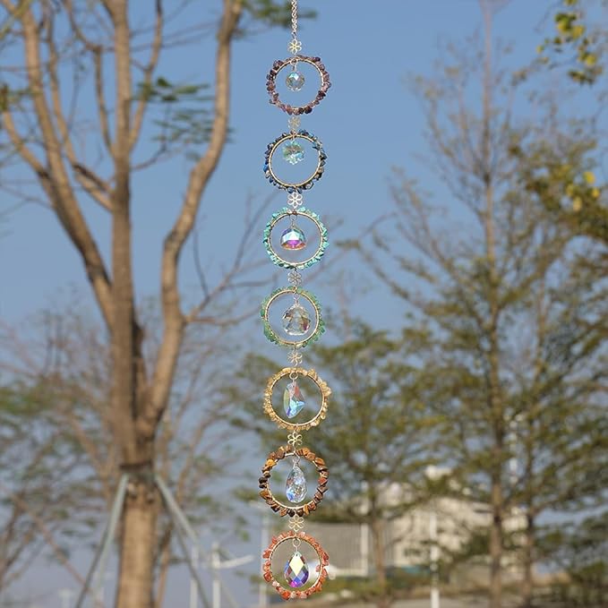 Chakra Hanging Crystals Natural Gemstone Decor Window Sun Catcher 7 Chakra Spheres Gemstone Wall Hangings Healing Crystal Decor Handmade Decoration Gift for Mom