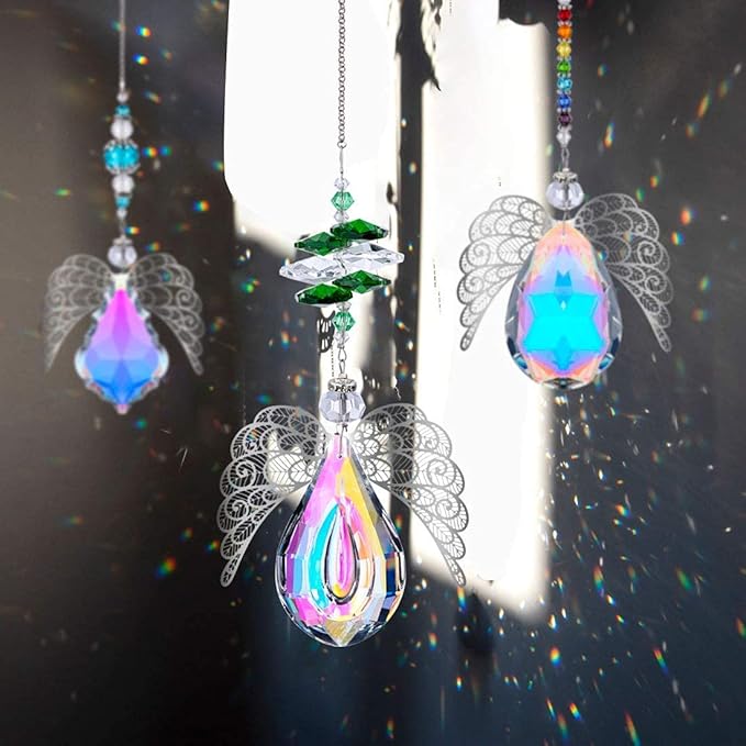 HDCRYSTALGIFTS 14'' Haning Crystal Guardian Angel Suncatcher Glass Angel Ornaments for Christmas Tree Rainbow Maker Prisms Sun Catcher for Window Home Decor (AB Color)