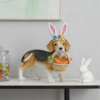 Cynkeyee Dog Garden Statue Decoration - Cute Puppy Beagle Statues with Bunny Ears Carrot Basket Figurines for Tabletop Self Floor Indoor Decor 11.5x4x10.5 inch