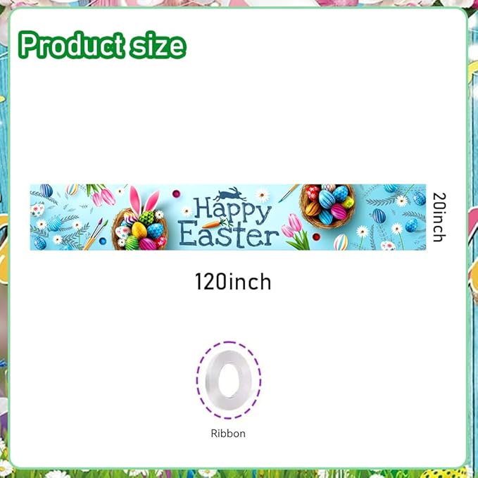 Happy Easter Banner 120" x 20" Outdoor Party Supplies Backdrop Bunny Eggs tulip Easter Banners for Home Decor Outside Indoor Garden Fence Garage Balcony Porch Tree Front Door Decorations