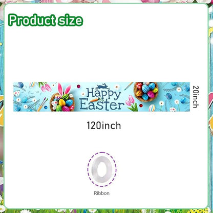 Happy Easter Banner 120" x 20" Outdoor Party Supplies Backdrop Bunny Eggs tulip Easter Banners for Home Decor Outside Indoor Garden Fence Garage Balcony Porch Tree Front Door Decorations