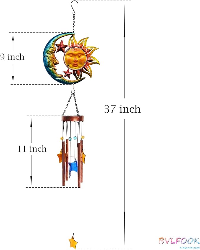 Sun Moon Star Wind Chime for Outside Valentine Decoration, Aluminum Tubes with Star Shape Suncatcher, Wind Chimes Hanging for Porch Patio Balcony Decor, 37 Inch