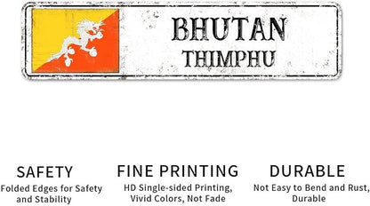 Personalized Bhutan Street Sign Bhutan Flag Signs Capital City of Bhutan Metal Sign Road Rustic Wall Art Country City Indoor & Outdoor Decor for Home Man Cave Door Porch Garden Party 12x3inch