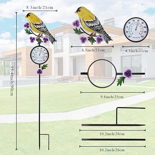 Outdoor Thermometer, Hummingbird Outside Thermometer with Garden Stake, 35" Tall No Battery Needed Wall Thermometer for Yard Patio Decor