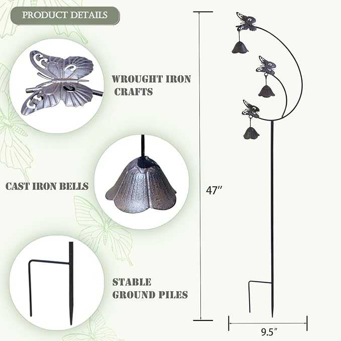 Gardens Metal Butterfly with Bells for Outside Yard Art，Decorative Garden Stakes