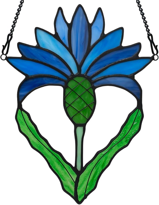 Scottish Thistle Flower Gifts Stained Glass Window Hanging,Fake Blue Flowers Decor Stained Glass Suncatcher,Artificial Flower Gift for Women Mom Grandma