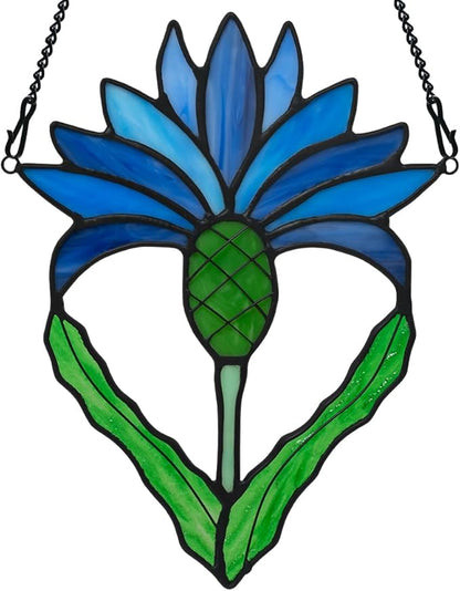 Scottish Thistle Flower Gifts Stained Glass Window Hanging,Fake Blue Flowers Decor Stained Glass Suncatcher,Artificial Flower Gift for Women Mom Grandma