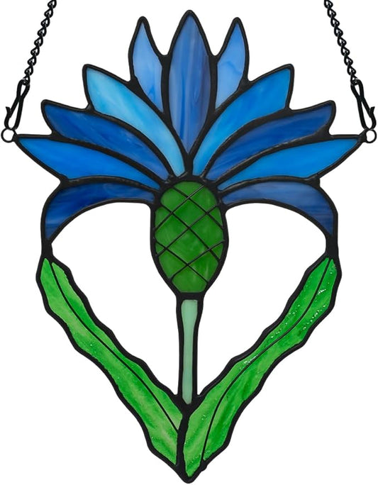 Scottish Thistle Flower Gifts Stained Glass Window Hanging,Fake Blue Flowers Decor Stained Glass Suncatcher,Artificial Flower Gift for Women Mom Grandma