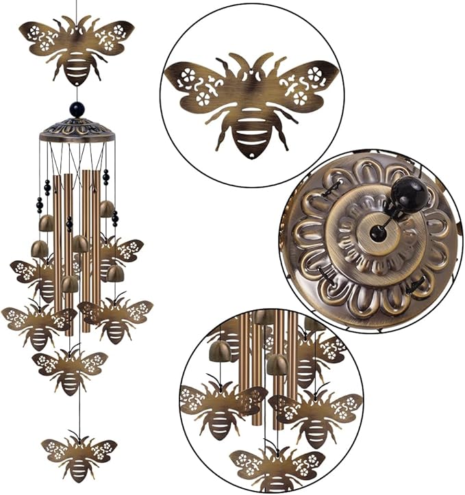 Outdoor Bees Wind Chimes Gifts for Mom - Bronze Memorial Wind Bells, Mobile Sympathy Wind Catcher, Romantic Bee Decor, 7 Bees Windchimes for Home, Balcony, Tree, Garden Festival Hanging Decoration