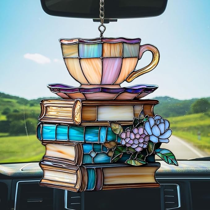 Flowers Book and Tea Acrylic Suncatcher Stained Glass Effect Window Car Hanging Christmas Ornament Indoor Outdoor Decor Garden Sun Catcher Panel for Book Lover for Women Mom Grandma