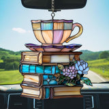 Flowers Book and Tea Acrylic Suncatcher Stained Glass Effect Window Car Hanging Christmas Ornament Indoor Outdoor Decor Garden Sun Catcher Panel for Book Lover for Women Mom Grandma