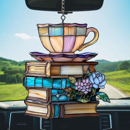 Flowers Book and Tea Acrylic Suncatcher Stained Glass Effect Window Car Hanging Christmas Ornament Indoor Outdoor Decor Garden Sun Catcher Panel for Book Lover for Women Mom Grandma