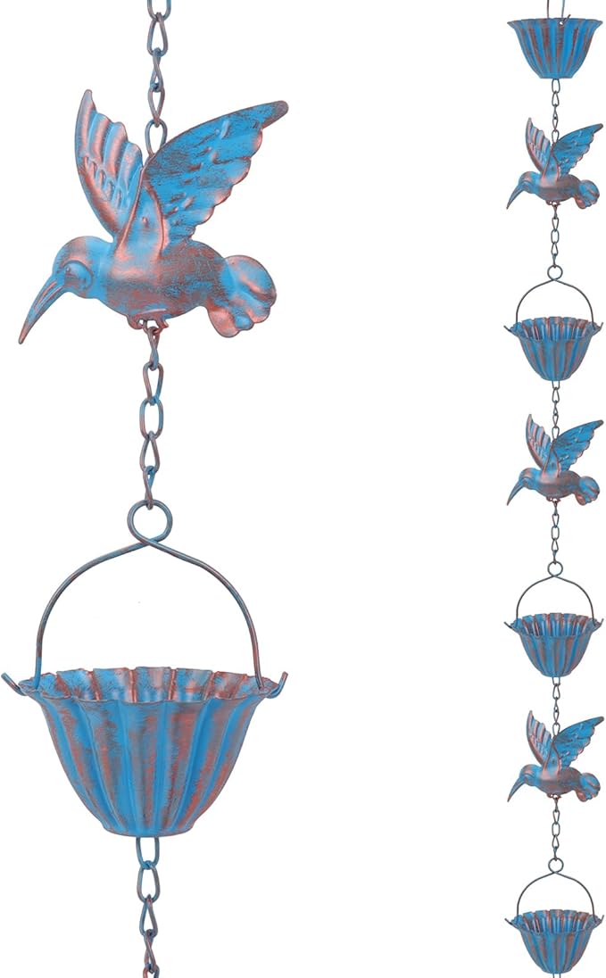 7.8FT Hummingbird Rain Chains for Outside with Bells, Adjustable Outdoor Bird Raincatcher, Garden Decor, Rust Resistant Rain Drain Chain, Wind Chimes