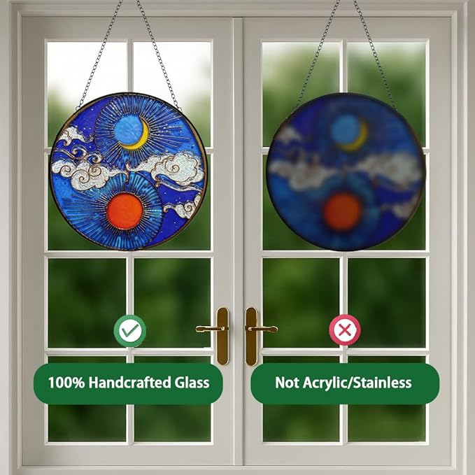Stained Glass Window Hanging Sun Moon and Cloud Suncatcher - Handmade Stained Glass Suncatchers Hanging with Chain and Hook - Outdoor Garden Decor Housewarming Gift for Christmas and Thanksgiving