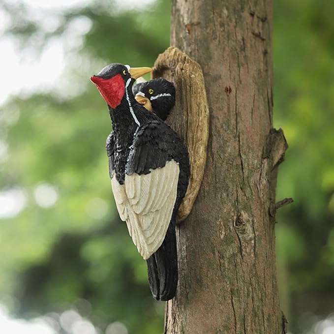 Mom and Baby Woodpecker Garden Statue Outdoor Tree Hugger Decor, Resin Hanging Bird Figurines Tree Peeker Yard Art Sculpture for Patio Lawn Porch Wall Ornaments