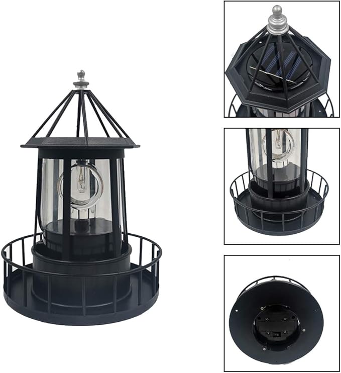 Solar Lighthouse Rotating Light with 360° Beacon, IP65 Waterproof Outdoor LED Decor for Garden, Yard, Pathway & Patio - Solar-Powered Lawn Statue Lamp for Balcony & Fence Decoration(Color:Black)