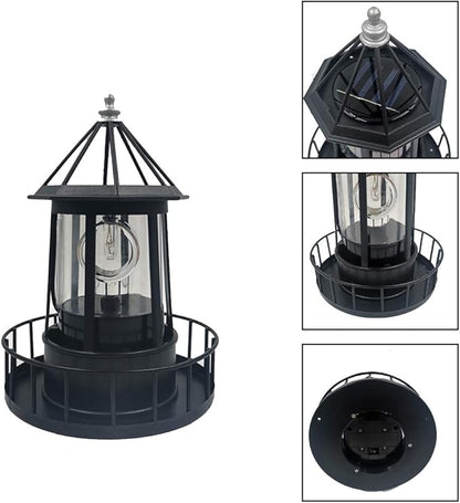 Solar Lighthouse Rotating Light with 360° Beacon, IP65 Waterproof Outdoor LED Decor for Garden, Yard, Pathway & Patio - Solar-Powered Lawn Statue Lamp for Balcony & Fence Decoration(Color:Black)