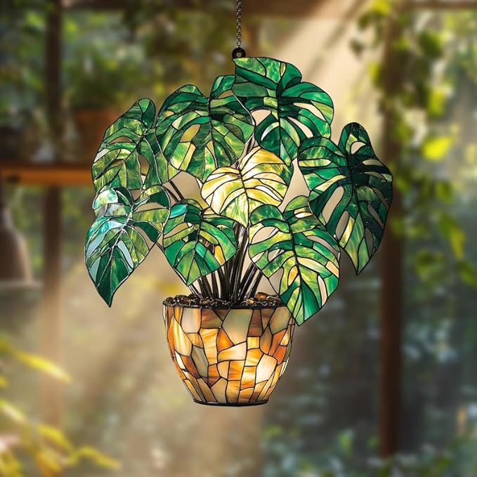 Monstera Pot Acrylic Suncatcher, Boho Suncatchers for Window Hanging Ornament, Stained Glass Effect Art Garden Decor for Nature Lover, Gifts for Mother's Day, Mom, Grandma, Wife, Women, Nana