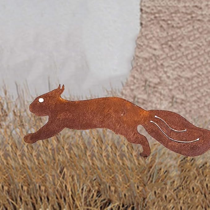 Rustic Metal Squirrel Garden Statue with Rusty Finish, Weather-Resistant Iron Yard Decor Stake for Courtyard or Lawn, 12in and 16.5in(30cm)