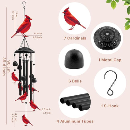 Cardinal Wind Chimes for Outside, Black Metal Windchimes Outdoors, Cardinals Gifts for Women/Men, Garden/Yard Decor, Memorial/Birthday Gifts for Grandma/Mom, Durable Chimes for Outdoors