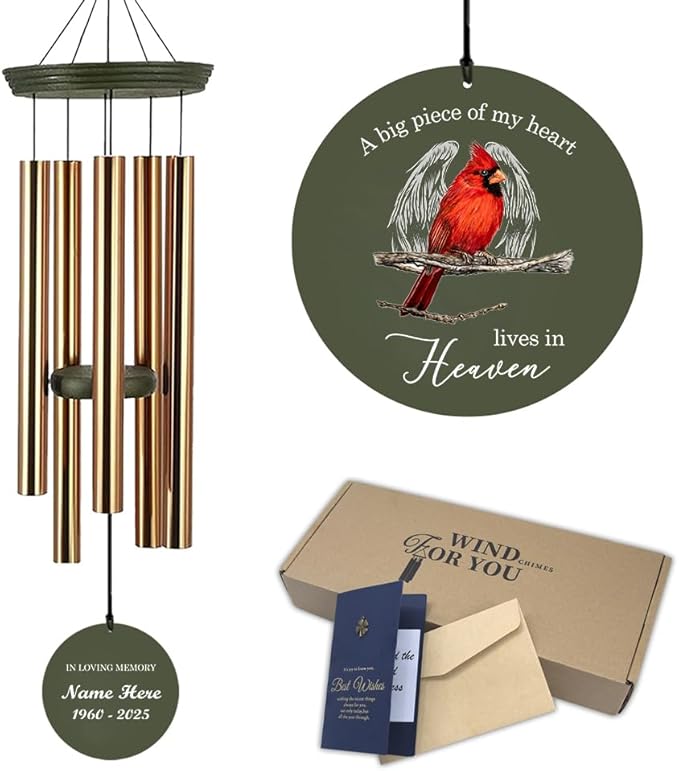 Personalized Cardinal Wind Chimes, 36inch Memorial Wind Chimes, Heaven Wings Custom Sympathy Gifts, in Loving Memory of Dad/Mom, Wind Chime for Loss of Loved Ones (Produced in USA)