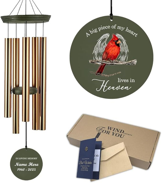 Personalized Cardinal Wind Chimes, 36inch Memorial Wind Chimes, Heaven Wings Custom Sympathy Gifts, in Loving Memory of Dad/Mom, Wind Chime for Loss of Loved Ones (Produced in USA)