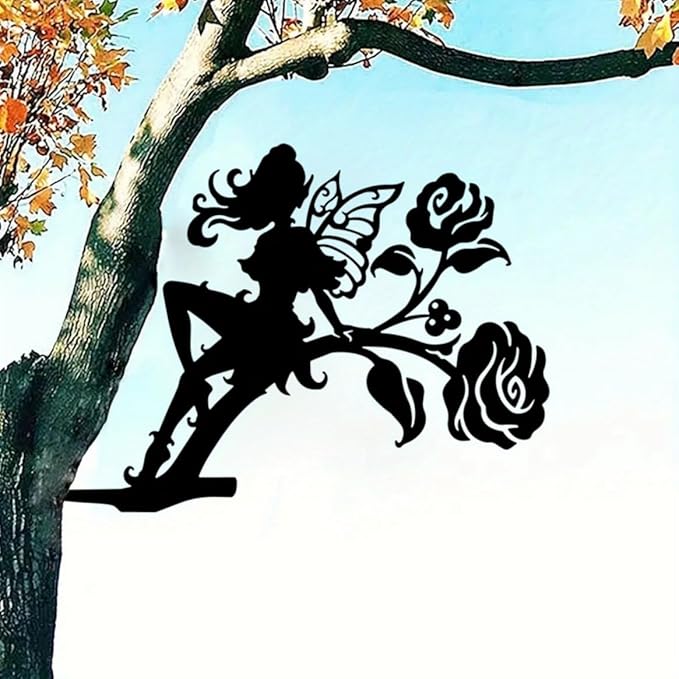 Iron Art Fairy on Branch Steel Silhouette Metal Wall Art Home Garden Yard Patio Outdoor Statue Stake Decoration