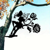 Iron Art Fairy on Branch Steel Silhouette Metal Wall Art Home Garden Yard Patio Outdoor Statue Stake Decoration