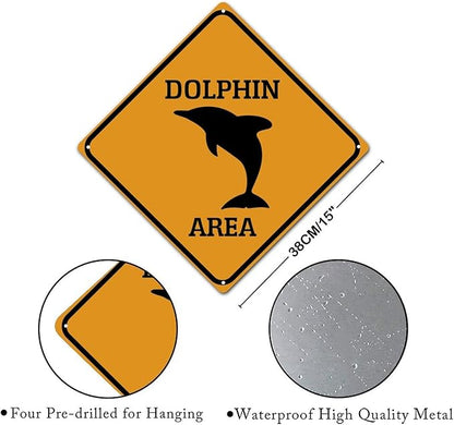 Dolphin Area Xing Caution Crossing Sign Ocean Animal Metal Tin Sign Warning Sign Novelty Road Fence Yard Wall Decor For Indoor Outdoor Highway15x15in