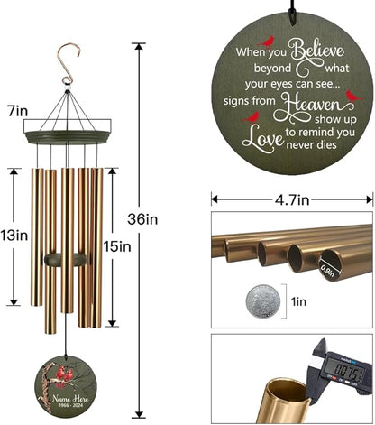 Personalized Memorial Wind Chimes, 36inch Cardinal Sympathy Wind Chimes, in Memory for Loss of Loved Dad/Mom/Ones, Bereavement Gifts, Deep Tone Wind Chime Outdoor (Produced in USA)