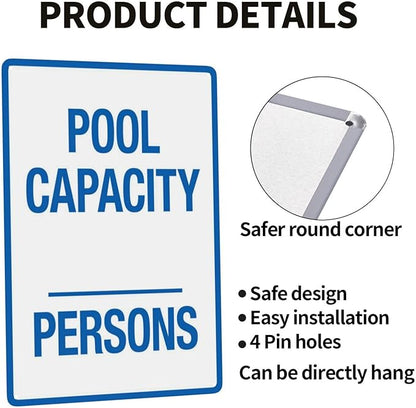 Retro Aluminum Warning Sign, Pool Capacity Sign, Vintage Style, 8 X 12 Inches