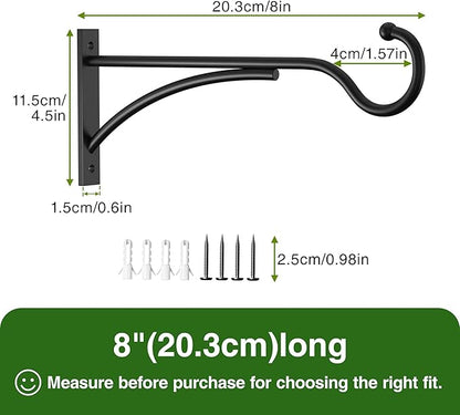8 Inch 2 Pack Heavy Duty Plant Hangers Outdoor, Metal Plant Brackets for Hanging Baskets, Plant Wall Hooks for Bird Feeders, Wind Chimes & Lanterns, Premium Metal Hooks Matte Black, 30lbs Capacity