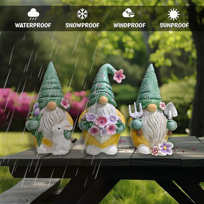 Spring & Summer-Themed Garden Statues – Adorable Outdoor Decor for Lawn, Patio & Porch (Garden Guardians Set of Three 6" Gardening Gnome Figurines, Floral Green and Yellow Statue Decor)