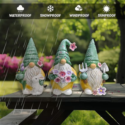 Spring & Summer-Themed Garden Statues – Adorable Outdoor Decor for Lawn, Patio & Porch (Garden Guardians Set of Three 6" Gardening Gnome Figurines, Floral Green and Yellow Statue Decor)
