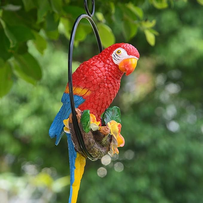 Hangigng Parrot Statue, Hanging Parrot Garden Decor Resin Outdoor Decor on Perch Garden Sculpture Statue for Outdoor Decorations Red