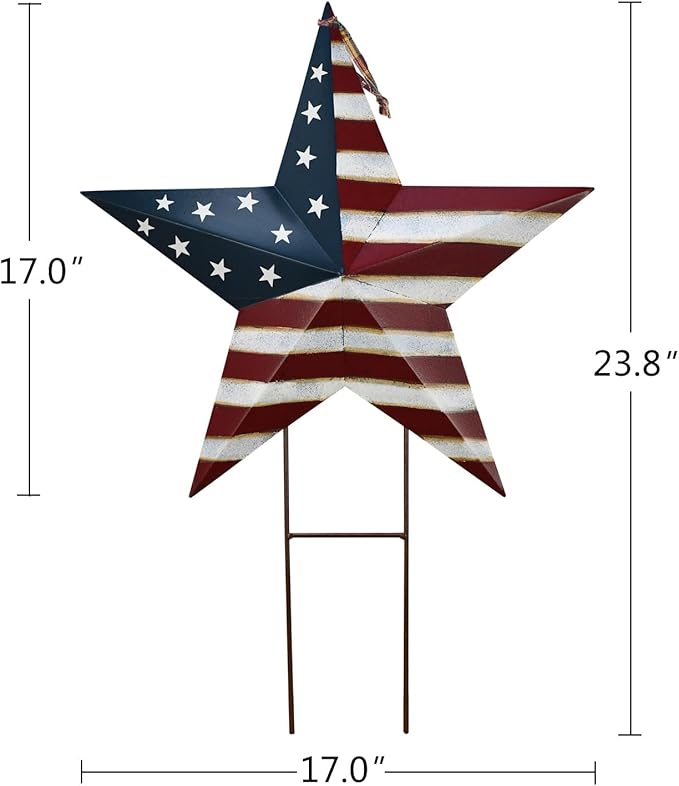 Metal Barn Star Yard Sign Patriotic Garden Stakes Hanging Ornament with Stake Outdoor 4th of July Lawn Decoration Party Supplies USA Flag Decor for Independence Day Memorial Day (B)