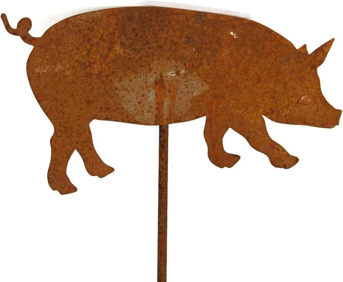Pets and Farm Animals Metal Garden Landscape Stake (9" Wide Pig on Stake, Naturally Rusted)