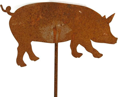 Pets and Farm Animals Metal Garden Landscape Stake (9" Wide Pig on Stake, Naturally Rusted)