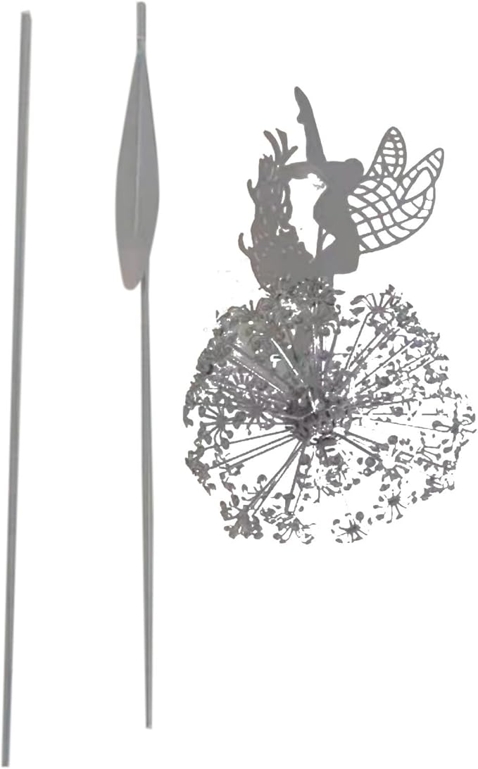 Fairies Wire Dandelion Stainless Garden Art Sculpture Steel Statue, Dancing Fairy Dandelion Garden Ornaments Art Decorations for Outdoor Yard Lawn Patio (E)