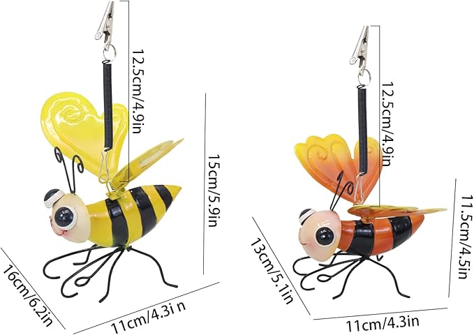 Decorative Garden Bee Sculptures, Yellow and Orange Metal Hanging Outdoor Statues (2)