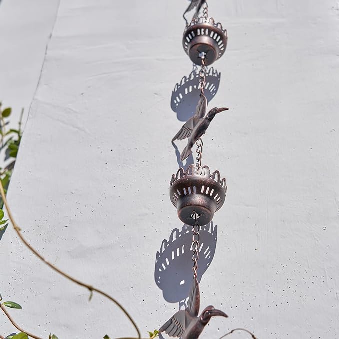 8.5Ft Hummingbird and Cup Rain Chain Outdoor Decorative Rain Gutter Drain Rain Catcher Gutter Chain with Bell