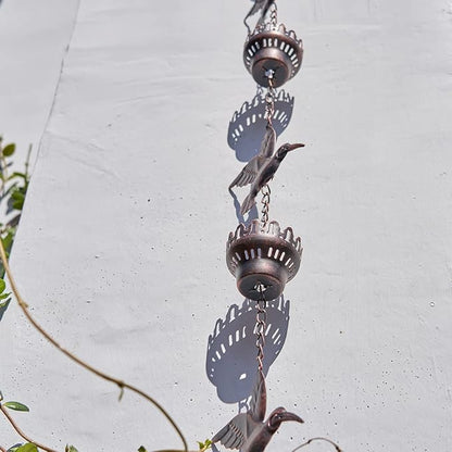 8.5Ft Hummingbird and Cup Rain Chain Outdoor Decorative Rain Gutter Drain Rain Catcher Gutter Chain with Bell