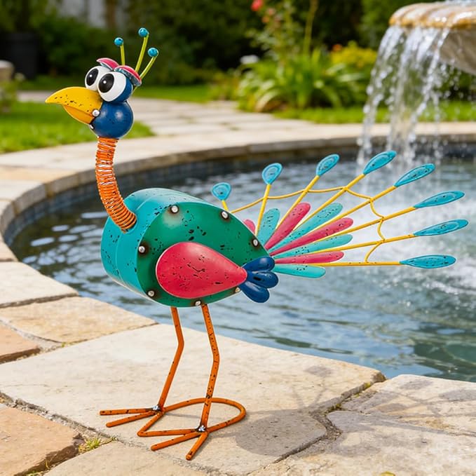 14'' Metal Peacock Garden Statues Outdoor Decor, Funny Peacock Decor Yard Sculptures Art Decoration for Patio Home Outsiede Lawn Backyard, Gift for Women Lovers Moms(Green & Red)