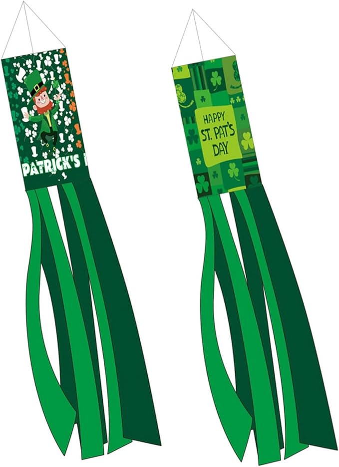2PCS 40'' St. Patrick's Day Windsocks, Shamrock Wind Sock Flag Outdoor Decor, Saint Patrick's Day Holiday Hanging Flag for Yard Garden Patio Porch (Green)