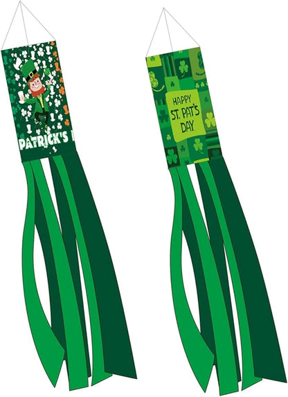 2PCS 40'' St. Patrick's Day Windsocks, Shamrock Wind Sock Flag Outdoor Decor, Saint Patrick's Day Holiday Hanging Flag for Yard Garden Patio Porch (Green)