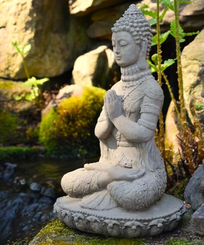 Praying Buddha Statue: Durable Solid Stone Sculpture with Aged Texture. Unique Home Décor, Garden Accent. Sealed for Outdoors. Handcrafted USA. (Antique/Gray)