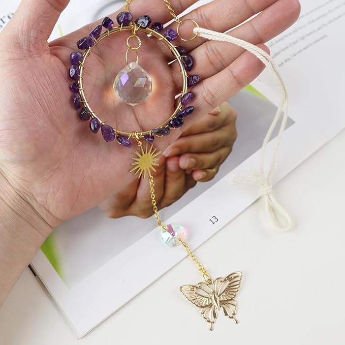 Natural Amethyst Crystal Suncatcher, Sun Catcher Hanging for Car, Butterfly Suncatchers for Windows，Spiritual, Rainbow Maker, Home Decor